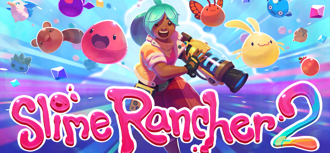 Screenshot of the game Slime Rancher 2 showing a player collecting and raising slimes on a ranch