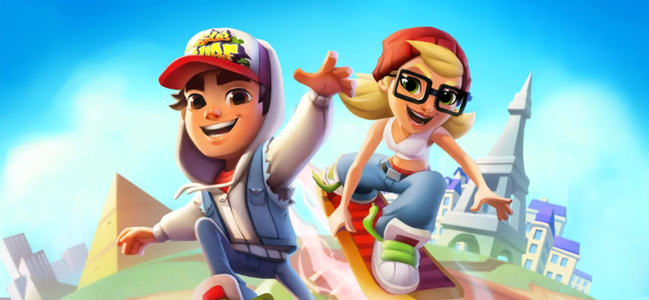 Screenshot of the game Subway Surfers showing a player running and jumping on a subway track